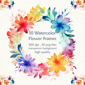 Hermosas imágenes prediseñadas de flores de acuarela, descarga digital imprimible, marcos y bordes delicados, decoración, postales, álbumes de recortes, elaboración.
