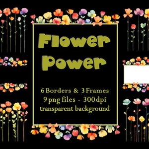 Clipart de fleurs colorées à l'aquarelle, téléchargement numérique imprimable, cadres et bordures délicats, décoration, cartes postales, scrapbooking, artisanat.