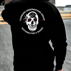 May include: Black hoodie featuring a white skull graphic with the text "FORWARD OBSERVATIONS GROUP" and "NOTHING FOR A SNAKE". The design includes a skull with a red line across the eyes. The hoodie has a hood and long sleeves.