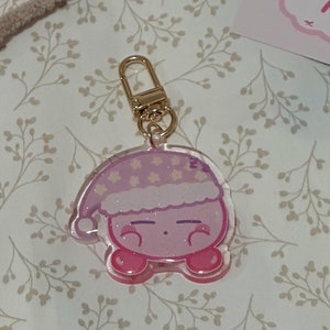 Sleepy Kirby Keychain Charm - game character, pink character, chonky, pink, cute
