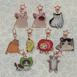 Cat Meme Double-Sided Keychain Charms - cat memes, funny cats, cats, huh cat, pop cat, apple cat, banana cat, frog hat cat, thumbs up cat