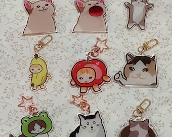 May include: A collection of clear acrylic keychains featuring cartoon cat and character designs. Each keychain has a gold-colored clasp and a rose gold star charm. The designs include a cat with its mouth open, a cat in a banana costume, and a cat in a frog hat.