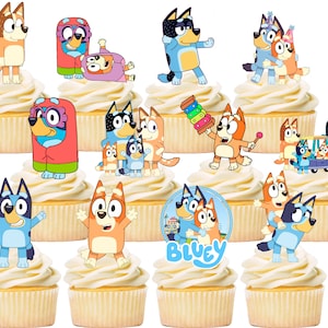 May include: A set of 12 Bluey and Bingo cupcake toppers featuring various scenes from the popular children's cartoon. The toppers are printed on edible paper and are perfect for decorating cupcakes for a Bluey themed party.