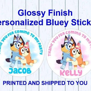 Personalized Bluey Theme Stickers with Name | 2&quot; Diameter | Custom Glossy Finish | Perfect for Party Favors