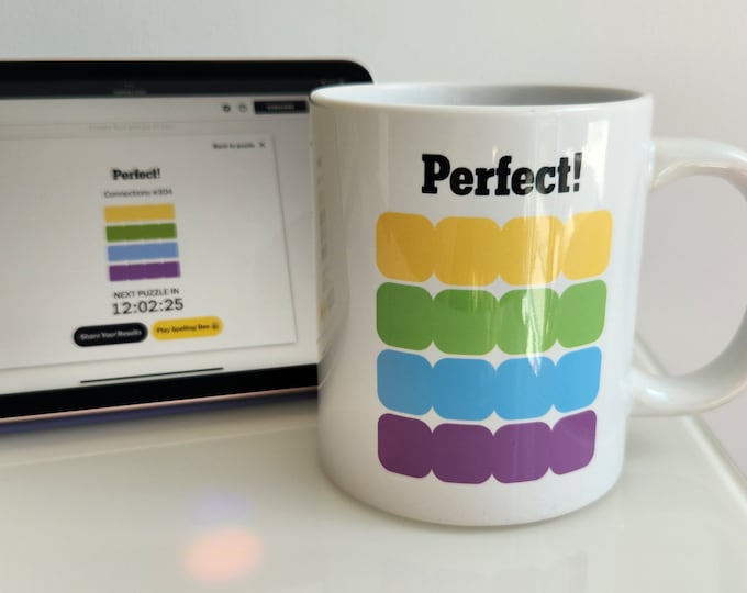 Perfect! Double Sided Connections Mug Gift Idea for Puzzle Lovers and Coffee Drinkers Crossword NYT Connections Word Games Wordle