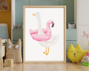 Silly Goose Nursery Print Playroom Wall Print Cute Kids Room Decor Minimalist Wall Print Animal Themed Baby Shower Gift Flamingo Nursery