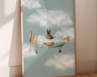 German Shepherd Airplane Nursery Print, Kids Room Decor (Digital Download)