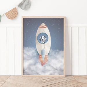 Lámina infantil con diseño de perro astronauta y nave espacial, decoración espacial para habitación infantil (descarga digital)