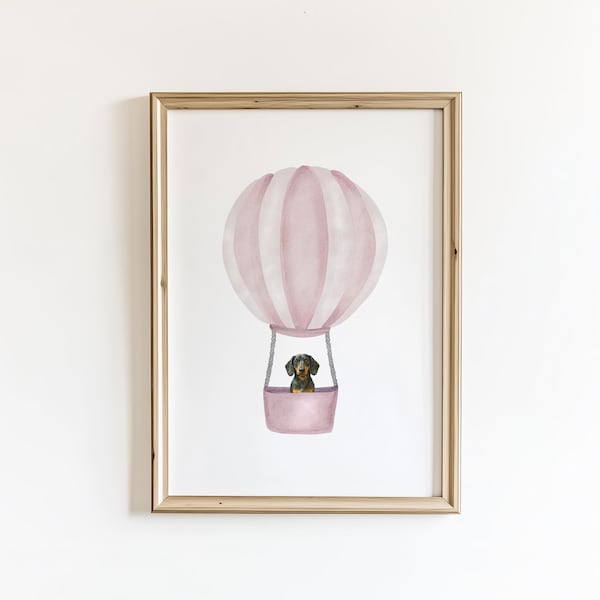 Dachshund in Hot Air Balloon Print, Watercolor Puppy Nursery Art (Digital Download)