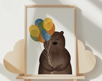 Bear with Balloons Nursery Print, Neutral Kids Room Decor (Digital Download)