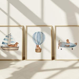 Set de láminas para habitación infantil con temática de Golden Retriever: avión, velero y globo (descarga digital).