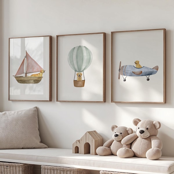 Labrador Nursery Print Set, Airplane, Sailboat, Balloon (Digital Download)