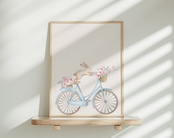 Vintage Coquette Nursery Print, Cottage Core Girls Room Decor, Teen Girl Digital Download Printable Wall Art, Vintage Bunny and Bike Print