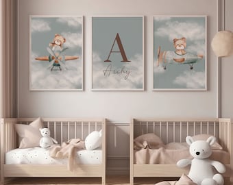 Personalised Cute Teddy Bear Nursery Name Print Set of 3 Airplane Unisex Playroom Printable Wall Art Blue Kids Room Decor Baby Shower Gift