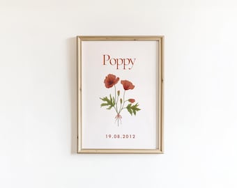 Lámina con nombre y amapola, flor de nacimiento de agosto, decoración personalizada para la habitación del bebé (descarga digital)