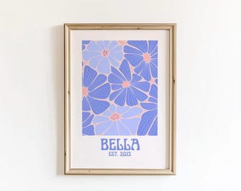 Personalised Name Print Flower Cute Boho Custom Teen Girl Room Decor Girl Room Wall Art Blue Themed Design Floral Name Gift For Teens