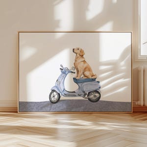 Op de afbeelding: Waterverfprint van een golden retriever hond op een lichtblauwe scooter. Het kunstwerk is ingelijst in een goudkleurige lijst en geplaatst tegen een neutrale achtergrond. De hond kijkt omhoog.