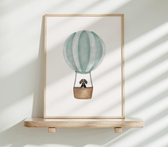 Dachshund In Hot Air Balloon Nursery Dog Print, Cute Puppy Wall Art for Kids Room, Sausage Dog Lover Decor, Watercolour Dog Nursery Artwork