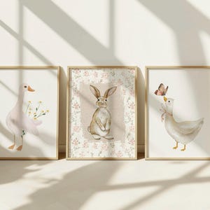Juego de 3 impresiones vintage de animales para habitación infantil, diseño de conejito y ganso, para habitación infantil. Juego de 3 impresiones artísticas de pared.