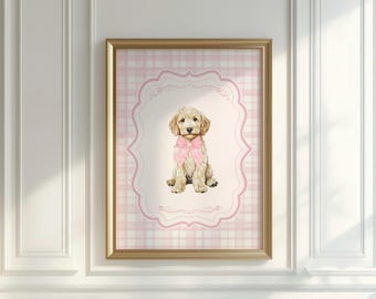 Groodle Puppy Watercolor Print, Pink Bow, Baby Girl Nursery (Digital Download)