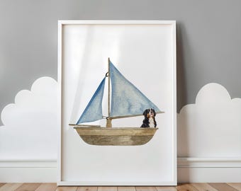 Bernese Mountain Dog Sailboat Nursery Print, Gender Neutral Decor (Digital Download)