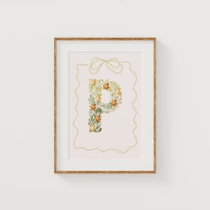 Letra inicial impresa P, diseño floral para guardería, decoración de habitación de adolescente con flores vintage, descarga digital, arte de pared para habitación de niños, letras florales, estilo bohemio para niña