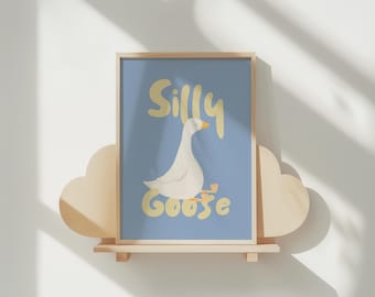 Silly Goose Nursery Print, Blue Kids Room Decor (Digital Download)