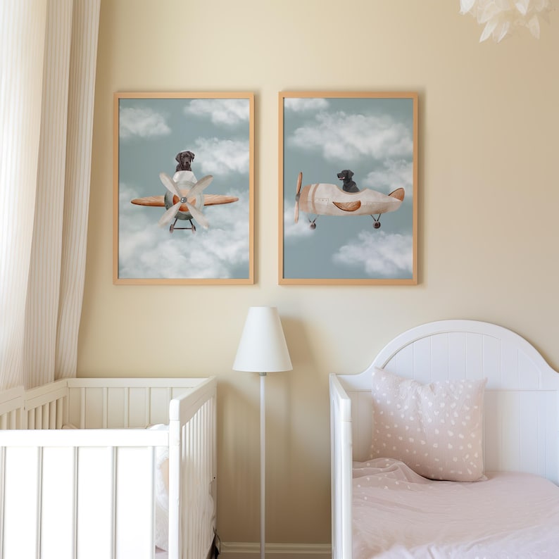 Cute Dog Nursery Print Set of 2 Airplane Black Labrador Kids Room Decor