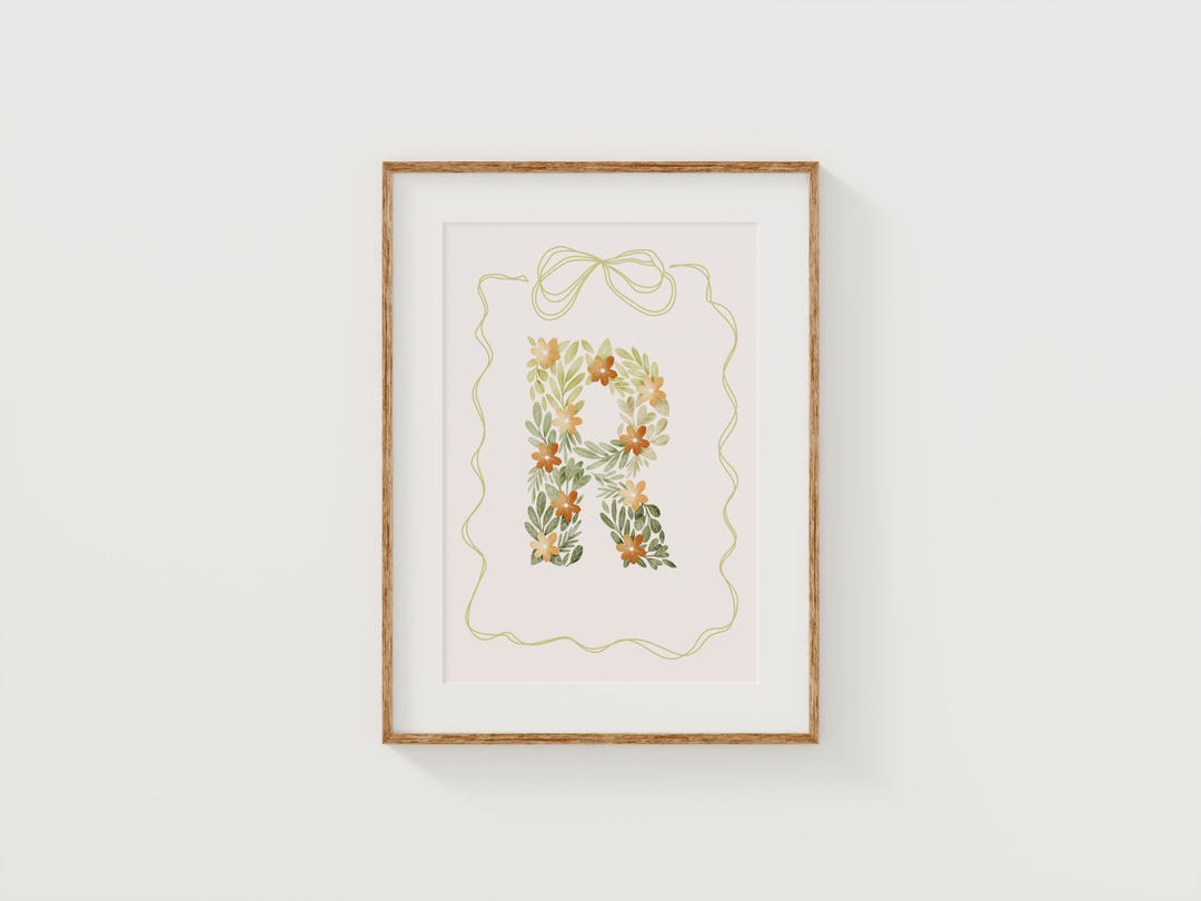 Initial Print Letter R Floral Nursery Design Vintage Flower Teen Room ...