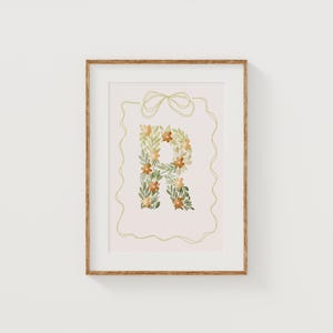 Letra inicial impresa R, diseño floral para guardería, decoración de habitación de adolescente con flores vintage, descarga digital, arte de pared para habitación de niños, letras florales, estilo bohemio para niña