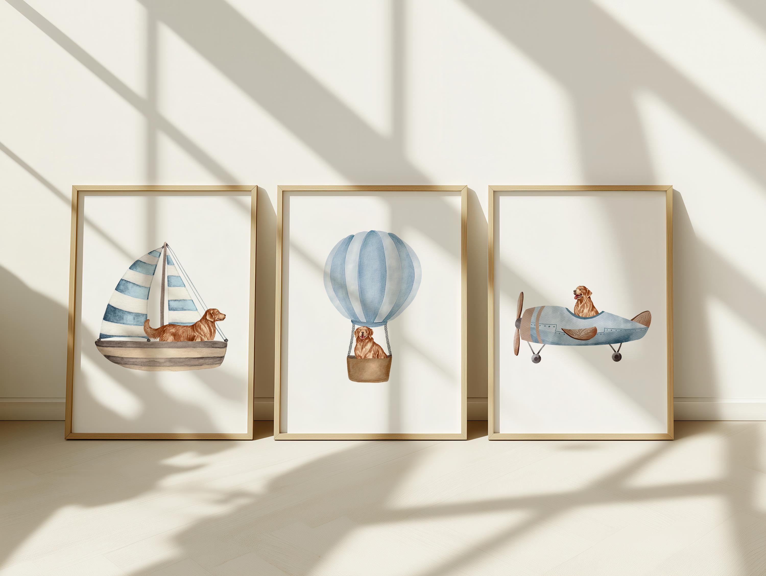 Golden Retriever Nursery Wall Art Set of 3, Fun Dog Nursery Print Kids Room Decor, Unique Blue Puppy Kids Room Digital Download Artwork