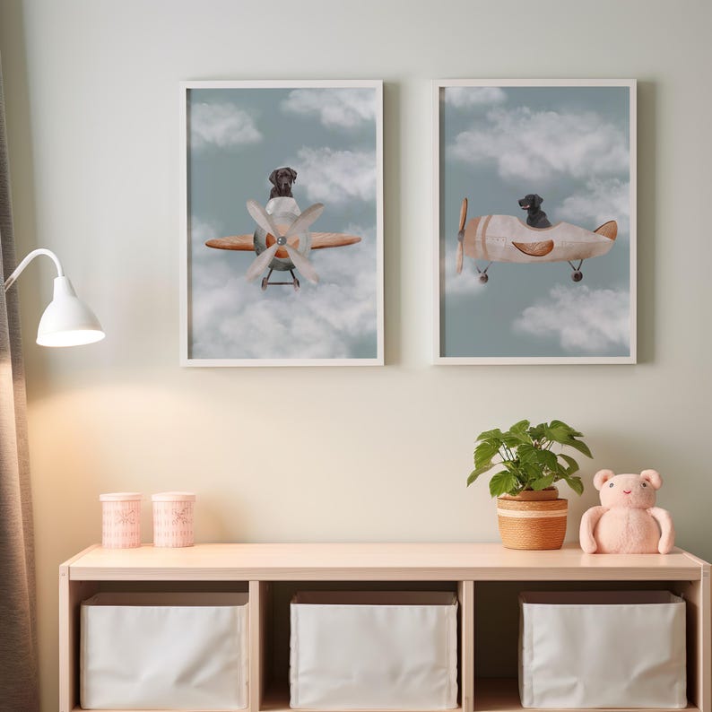 Cute Dog Nursery Print Set of 2 Airplane Black Labrador Kids Room Decor