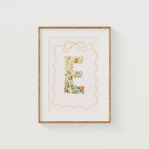 Letra inicial impresa E, diseño floral para guardería, decoración de habitación de adolescente con flores vintage, descarga digital, arte de pared para habitación de niños, letras florales, estilo bohemio para niña