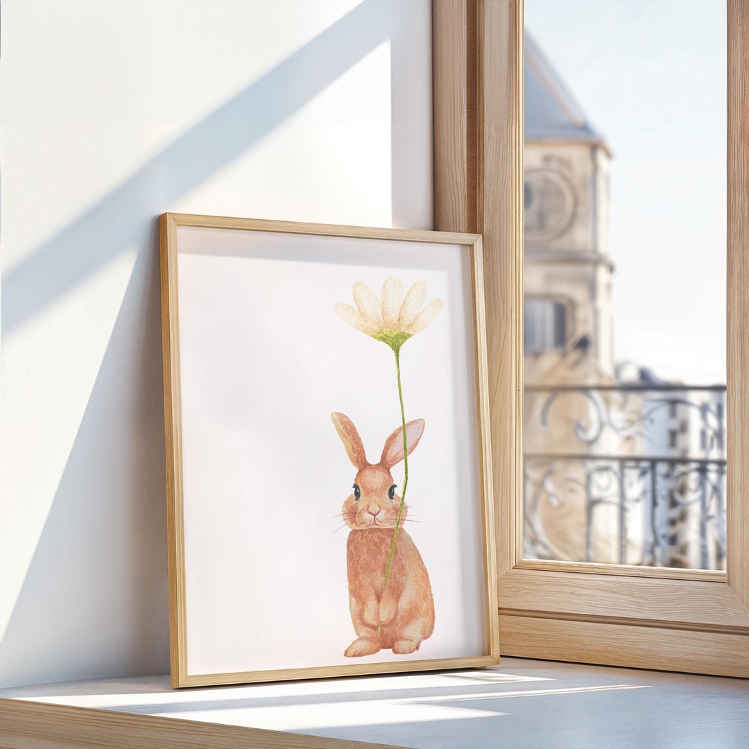 Flower Bunny Rabbit Nursery Print Baby Girl Room Decor Sweet Floral ...