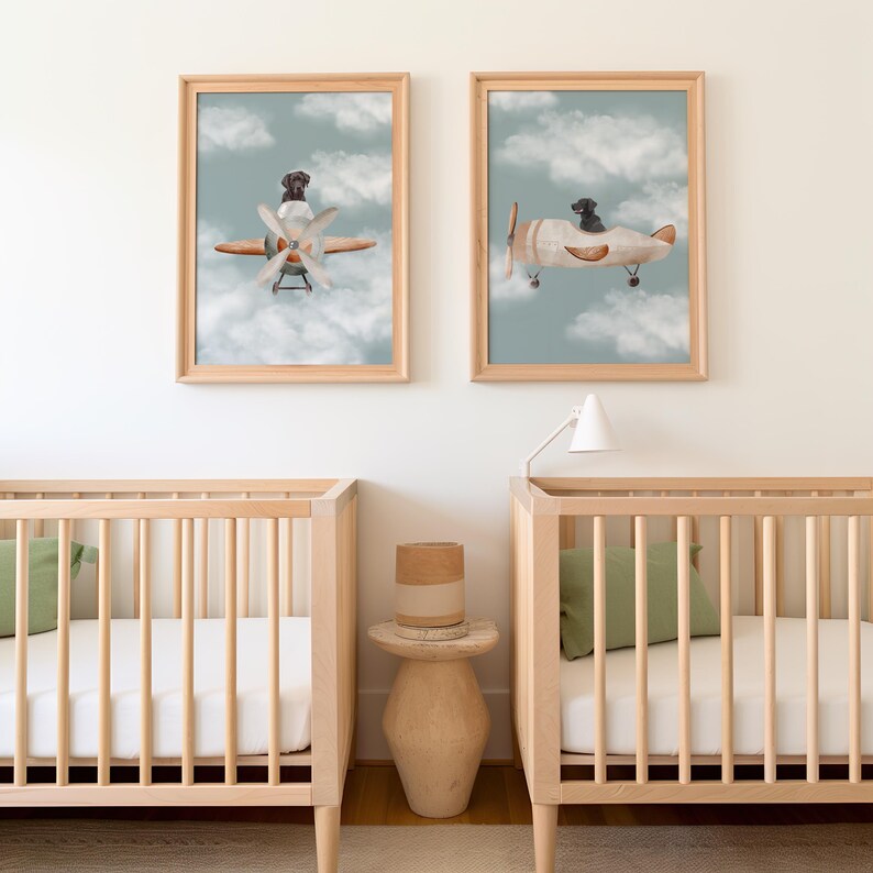 Cute Dog Nursery Print Set of 2 Airplane Black Labrador Kids Room Decor