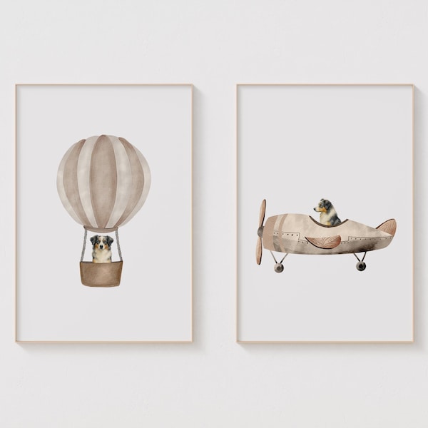 Aussie Shepherd Airplane & Hot Air Balloon Nursery Print Set (Digital Download)