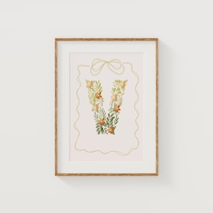 Letra inicial impresa V, diseño floral para guardería, decoración de habitación de adolescente con flores vintage, descarga digital, arte de pared para habitación de niños, letras florales, estilo bohemio para niña