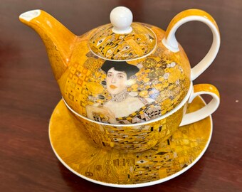 Tea for one set featuring Gustav Klimt's 'The Lady in Gold', ceramic produced by Stoke on Trent.