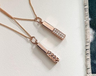 14K Solid Gold Bar Necklace Gold Bar Pendant Necklaces Minimalist Pendant Rectangular Shaped Bar Necklaces Lipstick Necklace