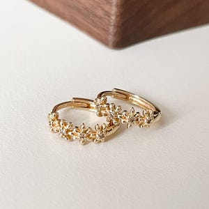14K Solid Gold Tiny Flower Cognac Diamond Earrings Mini Floral Small Huggies Hoop Earrings Dainty Bridesmaid Earrings Gift for her