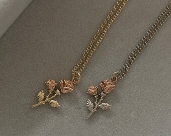 14K Solid Gold Long Stem Rose Charm Necklace Rose Pendant Flower Necklace for Women Floral Necklace Gift For Her