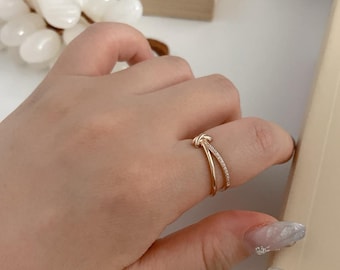 14K Solid Gold Dainty Knot Double Band Ring Open Knot Ring Stacking Ring Love Promise Ring Anniversary Gift