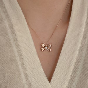 14K Solid Gold Bow Diamond Necklace Gold Ribbon Necklace Minimalist Necklace Daily Necklace vintage Necklace gift for her