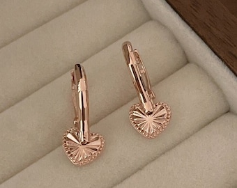 Dangle Heart Drop Earrings 14K Solid Gold Earrings Real Gold Heart Earrings Minimalist Earrings Daily Earrings Work Earrings gift for her