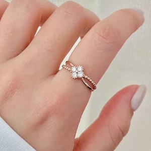 14K Solid Gold Clover Double Row Ring Floral Ring Simple Clover Statement Ring Minimalist Dainty Ring Gift for Bestie Anniversary Gift