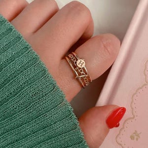14K Solid Gold Custom Initial Three Connector Band Ring Mariner Chain Ring Stackable Ring Anniversary Gift Unique Gift