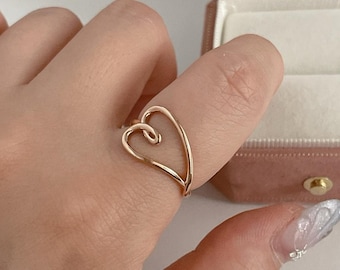 14K Solid Gold Open Heart Ring Minimalist Ring Wire Heart Ring Promise Ring Dainty Ring Best Friend Ring Heart Thumb Ring Gift For Her