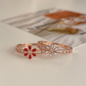 14K Solid Gold Flower Ring Dainty Daisy Ring Delicate Epoxy Ring Double Layering Stacking Ring Minimalist Ring Daily Ring Gift for her