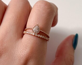 14K Solid Gold Teardrop Double Band Ring Stackable Ring Double Row Ring Connected Two Row Band Ring Statement Ring Anniversary Gift For Her