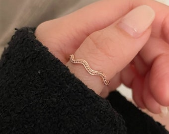14K Solid Gold Wave Ring Dainty Ring Thumb Ring Minimalist Ring Daily Ring Ripple Stacking Ring Squiggle Ring Gift for her Rings For Women